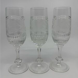Lausitzer Glas Bleikristall Etched Flower Champagne Glasses Set Of 3 Cut Bottoms